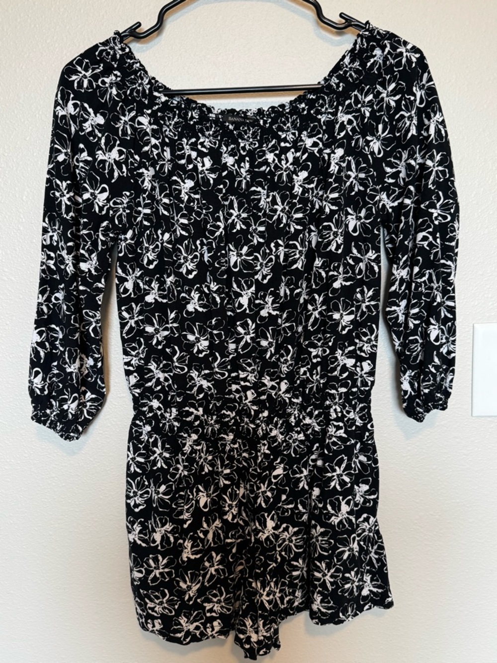 Banana Republic Black and White Floral Long-Sleeve Romper